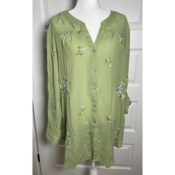 Fig & Flower 2X Anthropology Long Green Multicolor Floral Embroidered Roll Tab - Picture 6 of 9